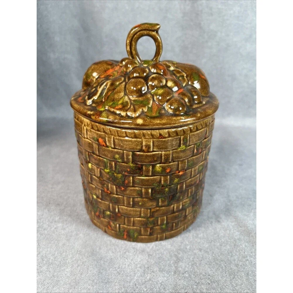 Basket Weave Flowers Grapes Peach Pear Fruit on Lid Ceramic Canister Dated 1974